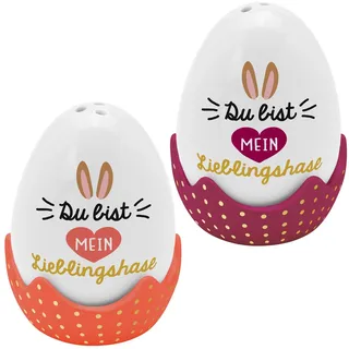 GRUSS & CO Eierbecher-Streuer-Set Motiv "Lieblingshase" | 4-teiliges Set, bestehend aus Salz- und Pfefferstreuer in Eierform und 2 passenden Eierbechern | Geschenk Ostern, Osternest, Osterdeko | 48584