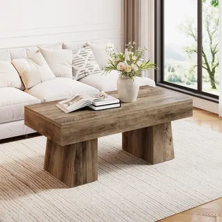 LITTLE TREE Farmhouse Couchtisch, 120 cm, rechteckiger Beistelltisch aus Holz mit massivem Sockel, Moderne niedrige Cocktail- und Teetisch-Möbel für das Wohnzimmer (rustikales Braun)