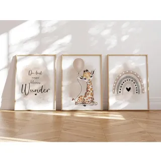 MeinBaby123® I Bilder Kinderzimmer | 3er Set DIN A4 Poster Set | Wandbilder | Kinderzimmer Poster | Deko Bilder Kinderzimmer Mädchen und Jungen | Wandposter Premium(Giraffe & Luftballon beige)