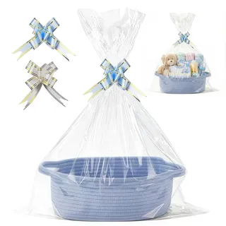Geschenkkorb Leer, Geflochtener Korb mit Griffen, Präsentkorb Leer mit Geschenktüten und Bändern, Aufbewahrungskorb für Geburtstag, Hochzeit, Ostern, Erntedank, Weihnachten (Blau)