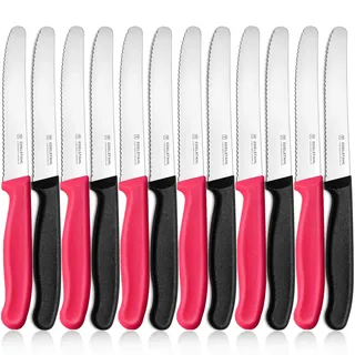 targzier Frühstücksmesser 12 Stück, Edelstahl Tafelmesser,Langlebiges Brötchenmesser,Kunststoffgriff Tomatenmesser Wellenschlif,Bunt Brotzeitmesser,Scharfe Messer,Schwarz und Pink Schneidemesser