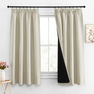 PONY DANCE 100% Verdunkelungsvorhang Beige Thermo Gardinen mit Kräuselband | H160 x B140 cm, Blackout, Kälteschutz, für Schienen, Doppellagig, Dick, Schwer, Kurz, für Schlafzimmer, 2er Set Hellbeige
