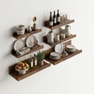 FurnitureR Bilderleiste Wandregal Set 6er Vintage Braun, Wandboard Holz Verschiedene Größen 27–40 cm, Schweberegal mit Schutzkante für Bilderrahmen, Wandregal Set für Wohnzimmer Schlafzimmer Küche