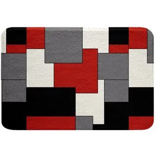 Rot Grau Weiß Schwarz Badvorleger Geometrische Quadratische Badezimmerteppiche 50x80cm Jugend Streifen Linien Badezimmermatte Rutschfeste Kinder Jungen Mädchen Moderne Abstrakte Gitter Badematte