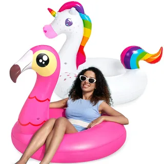 JOYIN 2 Pack Aufblasbare Einhorn und Flamingo Luftmatratze mit Glitzer, Pool Float, Schwimmtier Luftmatratze, Strand Schwimmbad Spielzeug, Sommer-Party Dekoration für Kinder (102 x 99 cm)