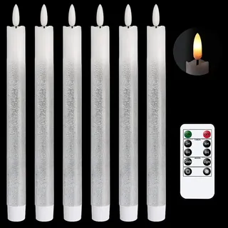 Eldnacele LED Stabkerzen mit Timerfunktion, flackernde Flamme LED Echtwachskerzen mit Fernbedienung, Stabkerzen Silber 6 Stück (2 x 25CM) für Weihnachtsdeko, Zimmer Deko, Hochzeit und Party