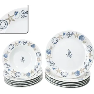 Neptun 12tlg Tafelservice maritime Speiseteller Suppenteller Porzellan 6 Pers - Weiß, Blau, Beige