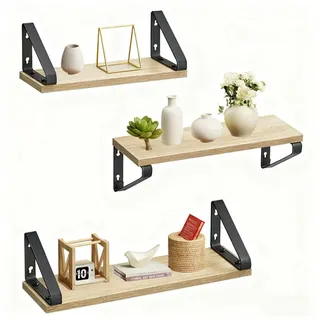 Relaxdays Wandregal, 3er Set, 3 Größen: 30, 35, 40 cm Breite, Holzoptik & Metall, Wandbretter für Bücher & Deko, Natur