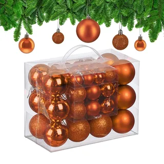 Relaxdays Weihnachtskugeln im 50er Set, Kunststoff, glitzernde, Matte, glänzende Baumkugeln, Christbaumschmuck, orange