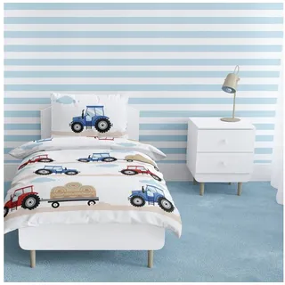 MTOnlinehandel TRAUMHELDEN Traktor Babybettwäsche 135x100 Flanell/Biber, 1 Kissenbezug 40x60 + 1 Bettbezug 100x135 cm ☆ Traktor Fahrzeuge ☆ Hochwertige Jungen-Bettwäsche mit Reißverschluss