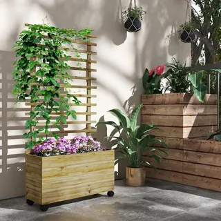 Hochbeet Pflanzkasten - Blumenkasten mit Rankgitter - Holz - Auf Rollen - Für Garten & Terrasse