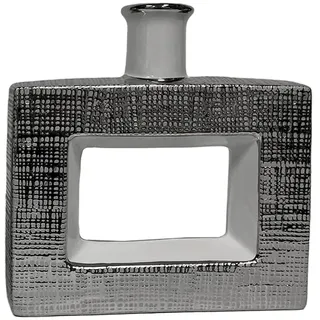 Tischvase aus Keramik mit Loch in Silber und Weiß, glänzend, 6 x 24 x 24 cm