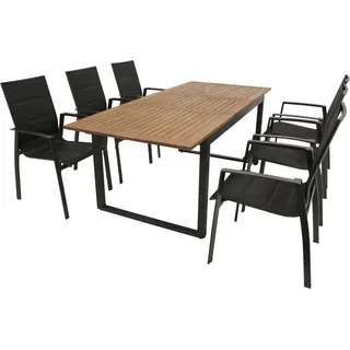 DEGAMO Gartenset Sitzgruppe RIVELLO 7-teilig, Alu + Akazie + Kunstgewebe schwarz - Dunkelgrau, Braun, Schwarz