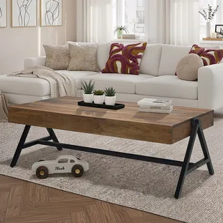 FineBuy Couchtisch Sheesham Massivholz 120cm · Handgefertigter Wohnzimmertisch mit schwarzem Metallgestell · Moderner Sofatisch im Industrial Design - Braun
