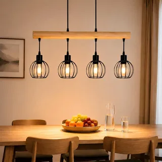 ZMH Vintage Hängelampe Holz 4 flammig - Pendelleuchte esstisch im Industrial Design Schwarz Retro Hängeleuchte Esstischlampe höhenverstellbar für Esszimmer Küche Wohnzimmer Bar (Ohne Leuchtmittel)