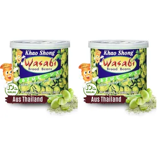 Khao Shong Dicke Bohnen mit Wasabi, knackige Bohnen im scharfem Teigmantel, fettärmere Alternative zu Nüssen, mittlere Schärfe, (1 x 140 g Dose) (Packung mit 2)