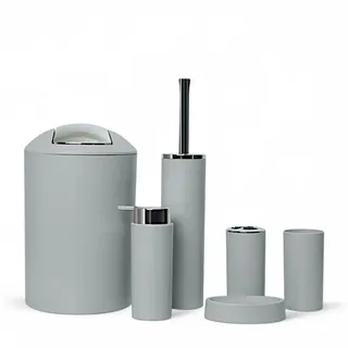 6tlg Badset Badezimmer Zubehör Set Organizer: Seifenspender, Zahnputzbecher, Kosmetikeimer, WC Bürste und Halter, Seifenschale, Mülleimer, Zahnbürstenhalter, Badgarnitur (Grau Design 2a)