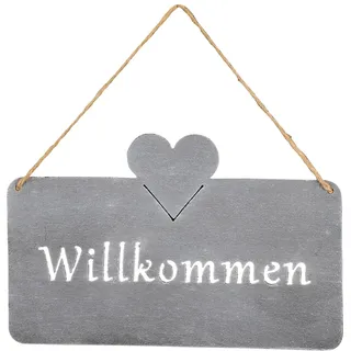 Schild Willkommen 25x16cm Außen Garten-Deko Grau Herz Eisen Türschild Wandbild