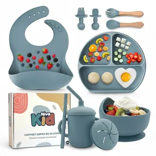 Baby Silikon Geschirr Set, Kindergeschirr Set mit BabyTeller mit Saugnapf, Geschirrset Baby für Beikost & selbstständiges Essen, besteckset ab 6 monate, Essen zubehör & BLW Zubehör ohne BPA