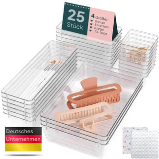 uandu Schubladen Organizer 25er mit 4 Größen für Küche, Bad & Büro | Stapelbar, 100 Anti-Rutsch-Silikonpunkte, Badezimmer, Schminktisch, Kosmetik & Schmuck