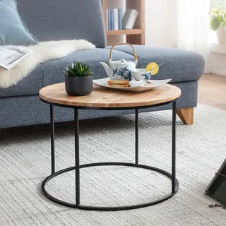 FineBuy Couchtisch Akazie Massivholz rund 60 cm · Wohnzimmertisch mit schwarzem Metallgestell · Handgefertigt · Natur Holz Tisch im Industrial Design - Braun