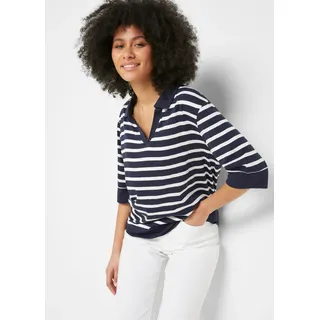 Poloshirt BONPRIX, Damen, Gr. 52/54 (XXL), blau (dunkelblau, weiß gestreift), Web, Obermaterial: 50% Baumwolle, 50% Viskose, gestreift, oversize normal, V-Ausschnitt, Bündchen, Shirts Poloshirt, Oversize Passform, mit Halbarm, gestreiftes Design