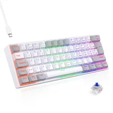 TECURS Gaming Tastatur Mechanische Gamer Keyboard QWERTZ 60 Prozent Blaue Schalter, Anti Gosting, LED Kabelgebundene Tastatur für PC/PS4, Weiß&Grau