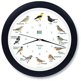 KOOKOO Singvögel Schwarz-Blau, Die Singende Vogeluhr, mit 12 heimischen Singvögeln und echten, natürlichen Vogelstimmen, mit RC Funkquarzwerk
