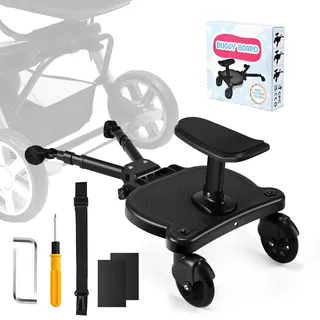BugyKido Buggy Board, Kinderwagen Trittbrett, Universal für alle Kinderwagen, Trittbrett Kinderwagenzubehör für Kinder von 2-6 Jahren, max. Belastung von 25kg, schwarze Räder