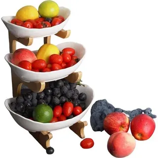 Keramische 3-Tier Fruitschaal mit Naturholz-Unterlage - Standard-Serviertafel für Obst, Kuchen, Süßigkeiten - Weiß