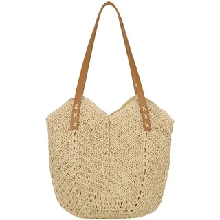 HTTDSLF Damen Gewebte Tasche, Stroh Handtasche Damen Große, Sommer Strandtasche Damen Stroh Umhängetasche Reißverschluss Vintage Bohemian Strandtasche, für Strand Damenreisen und Urlaub Beige