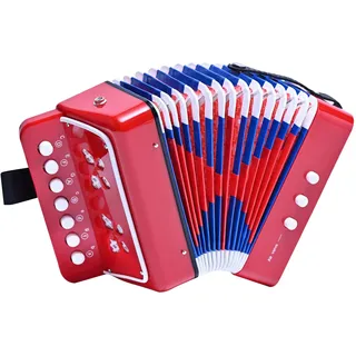 LIEKE Kinder Akkordeon 10 Tasten Knopf Spielzeug Accordion Ziehharmonika Musikinstrument Geschenk für Kinder Erwachsene Anfänger (Rot)