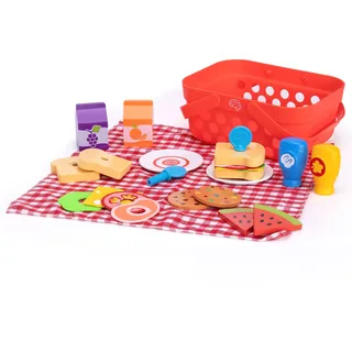 Fat Brain Toys Pretendables Picknickkorb-Set - Picknickkorb & Decke mit Holzspielzeug Lebensmittel & Zubehör - pädagogische Spielküche - langlebiges Spielzeug Lebensmittel-Set für +3 Jahre alt