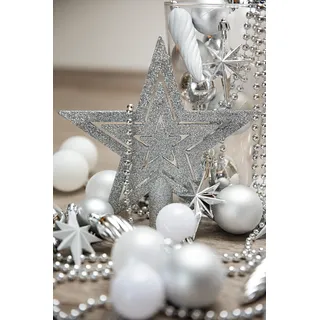 Heitmann Deco Christbaumschmuck Set 50-teilig mit Baumspitze – Weihnachtskugeln in Weiß & Silber – Bruchsicherer Kunststoff Weihnachtsschmuck zum Aufhängen