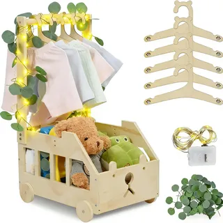 OTraki Baby Geschenk Korb mit Holzrädern, Holz Babyparty Geschenk mit Dekorblättern 5 Holzkleiderbügel Babykorb Neugeborene Personalisierte Baby Korb für Neue Eltern Babys Pregnancy Gifts