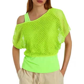 70er 80er 90er Jahre Outfit Damen Party Top Netzshirt Kurze Ärmel Netzoberteil Mesh Oberteil Tshirt Neon Shirt Mottoparty Karneval Kostüm