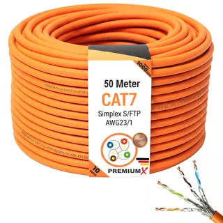 Premium X 50m CAT 7 Netzwerkkabel LAN Kabel Verlegekabel Ethernet Installationskabel 10 Gbit/s AWG23 S/FTP - reines Kupfer LSZH BauPVO Klasse Eca Datenkabel Simplex - Orange