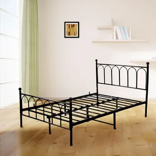 MODFU Klassische Betten Metallbett 90 x 200 cm mit Metallrahmen, Einzelbett Jugendbett mit Eisen Kopfteil, schwarz(Ohne Matratze), europäischer Stil - Schwarz