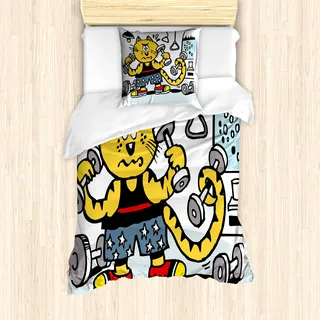 ABAKUHAUS Fitness Mantele, Cartoon-Katze Lifting, Milbensicher Allergiker geeignet mit Kissenbezügen, 135 cm x 200 cm - 80 x 80 cm, Mehrfarbig