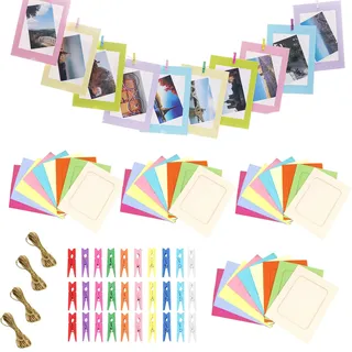 ZexJpr Fotogirlande Set, Bilderrahmen mit Klammern und Hanfseilen, Inklusive 40 Papierrahmen (11,5 x 15,6 cm) und 40 Clips, Bunte Foto Girlande zum Aufhängen für DIY, Party, Zuhause und Büro