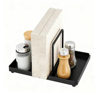 Pabbyeey Serviettenhalter Schwarz aus Edelstahl, Serviettenständer mit Gewürzablage für Salz & Pfeffer, Napkin Holder Metall 23×16.5×14 cm, Serviettenspender Küchenzubehör Tischdeko