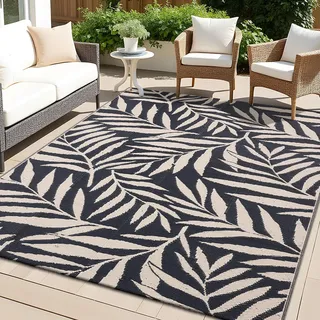 smiry Outdoor Teppich Wasserfest Balkon Camping Teppiche UV-beständig Waschbar Außenteppich Draussen Wendbarer für Terrasse, Garten, Wohnmobil - 120 x 180 cm, Schwarz & Beige - Blätter Muster