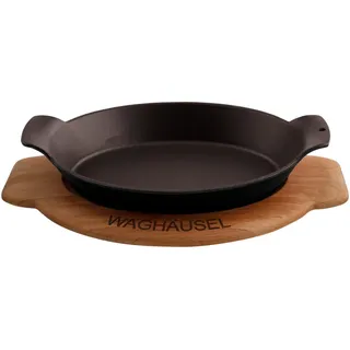 Sallys Gusseisen - Servierpfanne oval 18 x 24 cm - mit Echtholzuntersetzer - Fury Black Majolika