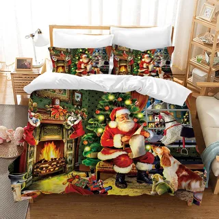 AVJWWD Weihnachten Bettwäsche Set Weihnachtsmann und Elch Schneemann Rentier Muster Bettbezug Set mit Kissenbezügen, Weihnachtsdekoration, Geschenk-Set (Alter Mann und Hund, 135 x 200 cm)