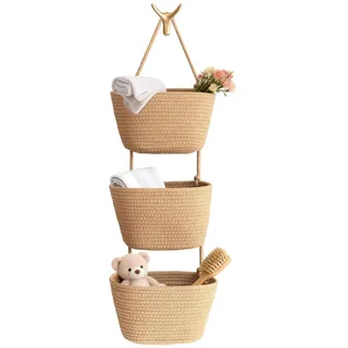 3-Etagen Baumwoll-Seil Wandkorb - Gewebte Aufbewahrungsorganizer mit Jute-Design für Schlafzimmer, Badezimmer, Küche & Wohnzimmer (A)