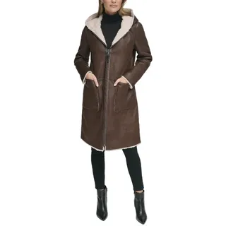 DKNY Women's Long Full Sleeve Zip Front Coat Shearling, Brown, 36