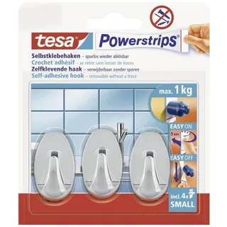 tesa Powerstrips Haken Small OVAL - Selbstklebender Wandhaken für Glas, Kacheln, Holz, Kunststoff und andere Untergründe - Chrom