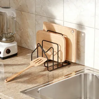 PAVSTINE Schneidebrett Halter mit 4 Fächern, Deckelhalter Schublade für Topfdeckel, Topfdeckelhalter Löffelablage Küche Organizer für Topfdeckel von 16-34cm, Backblech Ständer Aufbewahrung, Schwarz