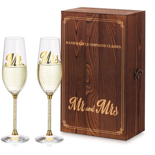 NUPTIO Champagner Gläser Kristall Hochzeitsgeschenk: 2er Set Sektgläser Glas Personalisiert mit Holzgeschenkbox Mr & Mrs Prosecco Toasting Flute für Hochzeiten Verlobung Jahrestag Geburtstagsparty