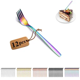 Berglander Regenbogen Kuchengabeln 12 Stück, Titan bunte Beschichtung Edelstahl Dessertgabeln, Obstgabeln, kleine Gabel für Zuhause, Restaurant, Hotel, Hochzeit, Partys, spülmaschinenfest